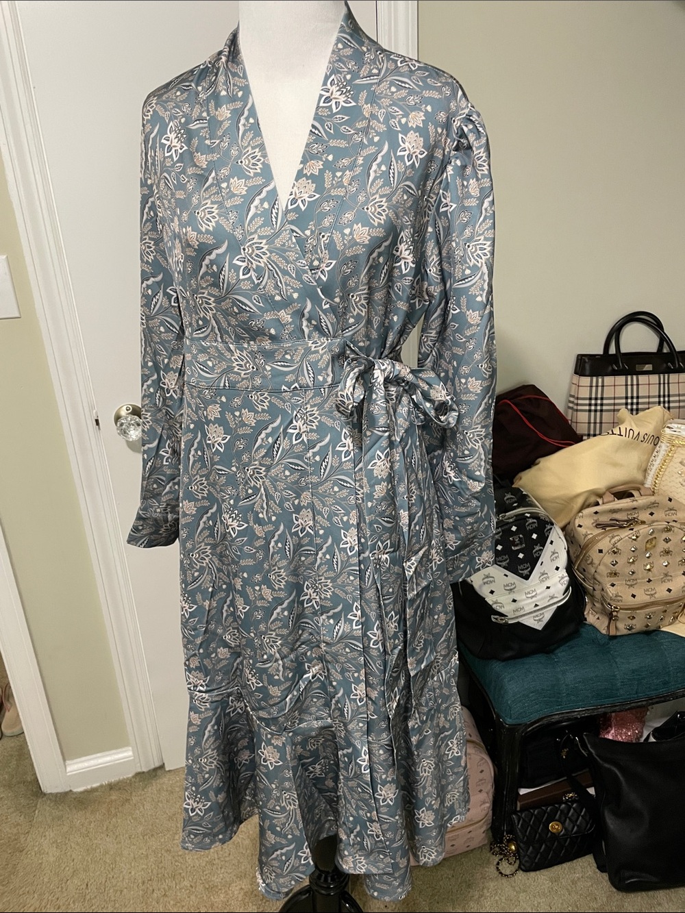NWT- Floral Wrap Midi Dress in Slate Blue